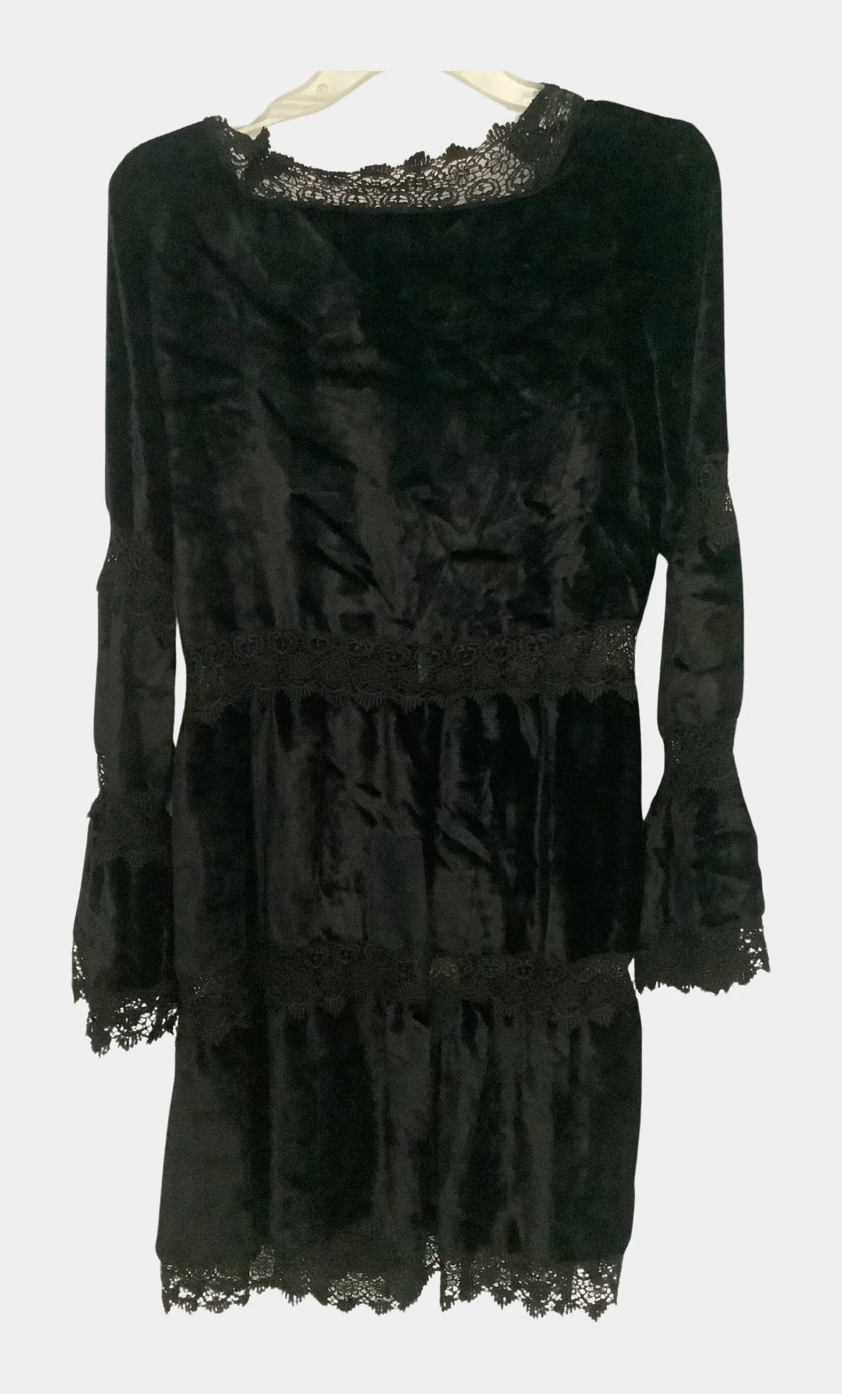 Betsey Johnson Black Velvet Lace-Trimmed Tiered Duster Cardigan w/ 3 Ties S/M NWT | RE:LUV