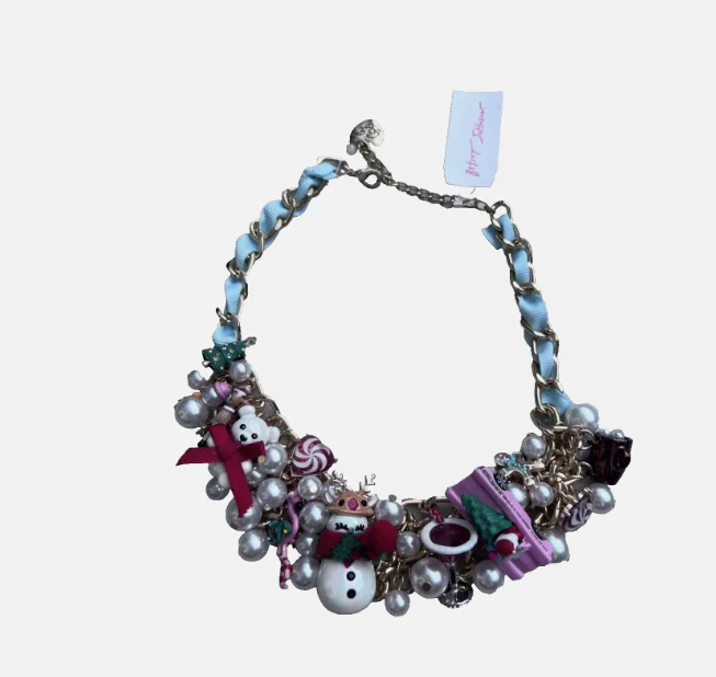 Betsey Johnson Christmas Jingle Bell Bling Charm Bauble Bib Necklace Gold / Blue | RE:LUV