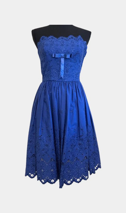 Blue strapless lace knee length runway dress | RE:LUV