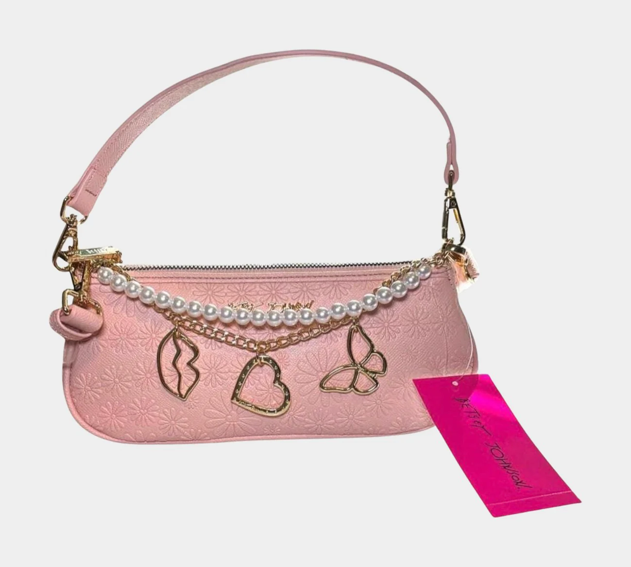 Embossed Floral Shoulder Bag with Gold Charms & Faux Pearls | RE:LUV